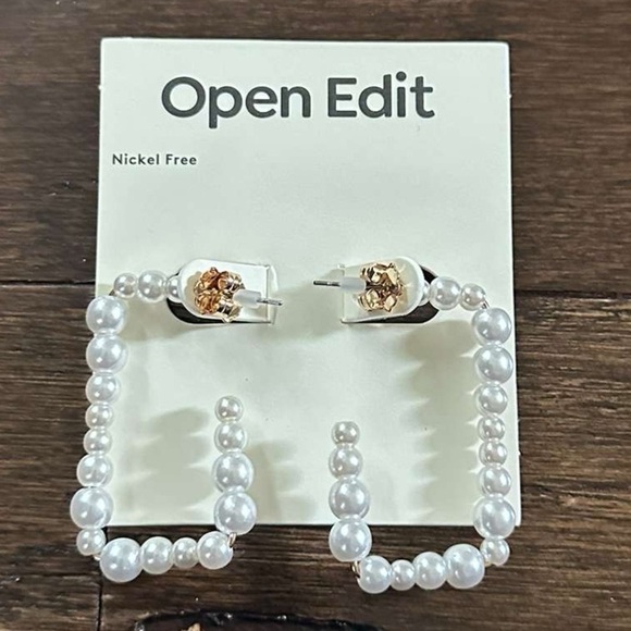 Open Edit Jewelry - Open Edit-Faux Pearl Rectangle Earrings-white/Gold-NWT